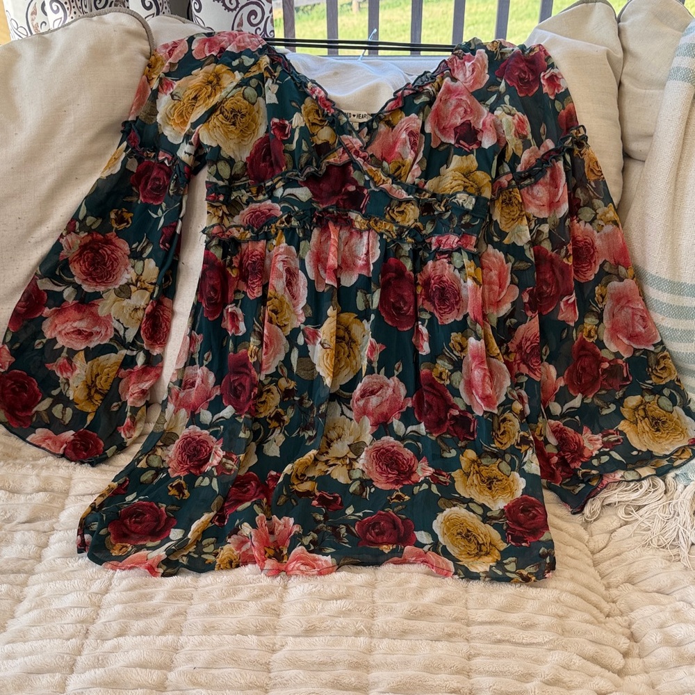 Inspired Hearts Teal Floral Tunic with Pink & Yellow Roses